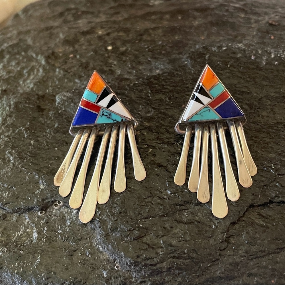 Native American Zuni Vintage Multistone Dangle Earrings